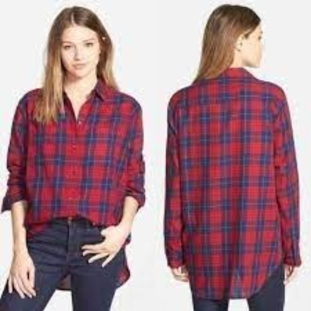 Madewell Edina Oversized Boyshirt Plaid Red Blue Button Front Shirt Women’s M